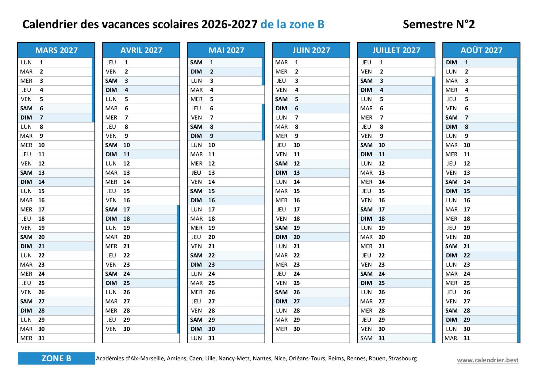 Calendrier scolaire 2026-2027 de la zone B - Semestre 2