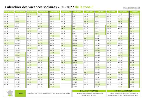 Vacances scolaires 2026-2027 zone C 