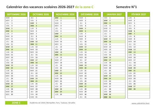 Calendrier scolaire 2026-2027 de la zone C - Semestre 1