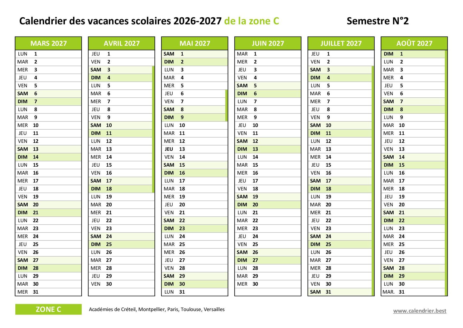 Calendrier scolaire 2026-2027 de la zone C - Semestre 2