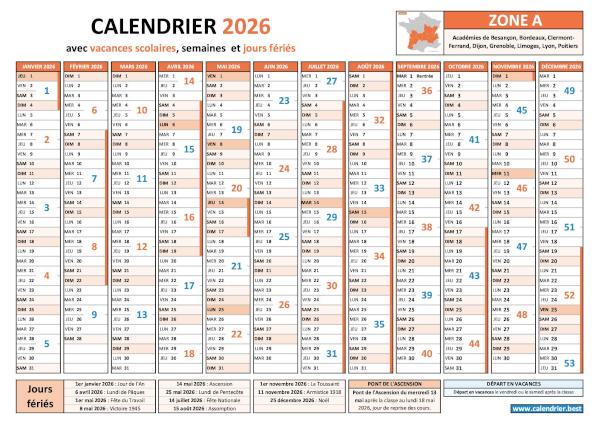 Calendrier 2026 pour Dijon, Zone A, avec vacances scolaires, jours fériés et repères de semaines paires et impaires