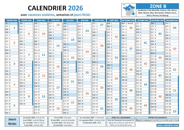 Calendrier 2026 pour Normandie, Zone B, avec vacances scolaires, jours fériés et repères de semaines paires et impaires