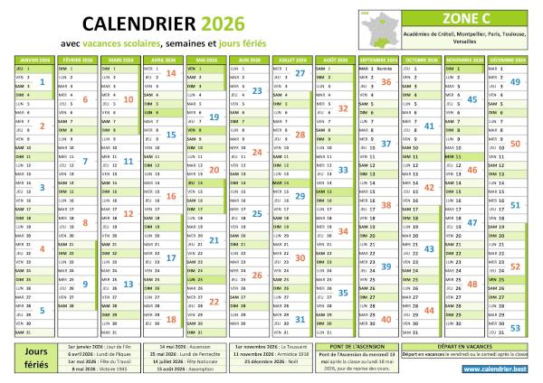Calendrier 2026 pour Paris, zone C, avec vacances scolaires, jours fériés et repères de semaines paires et impaires