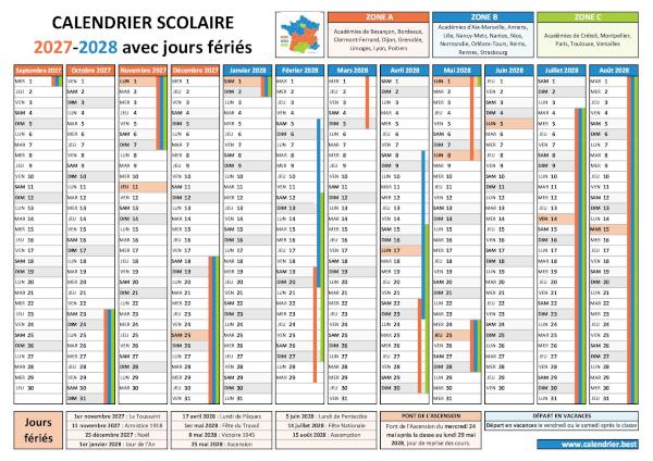 Calendrier scolaire 2027-2028 avec les vacances scolaires et les jours fériés pour les zones A, B et C à télécharger et imprimer