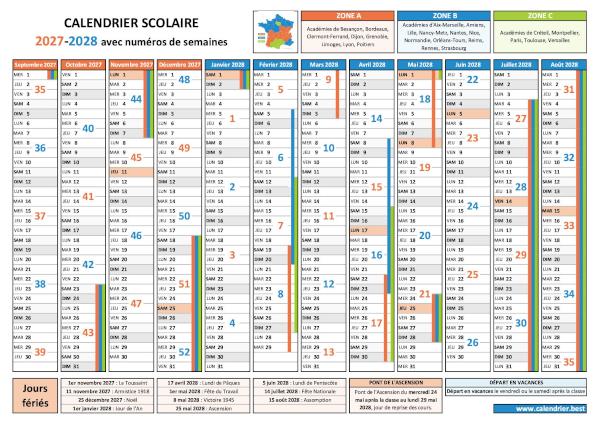 Calendrier scolaire 2027-2028 avec numéro de semaine, vacances et jours fériés à télécharger et imprimer