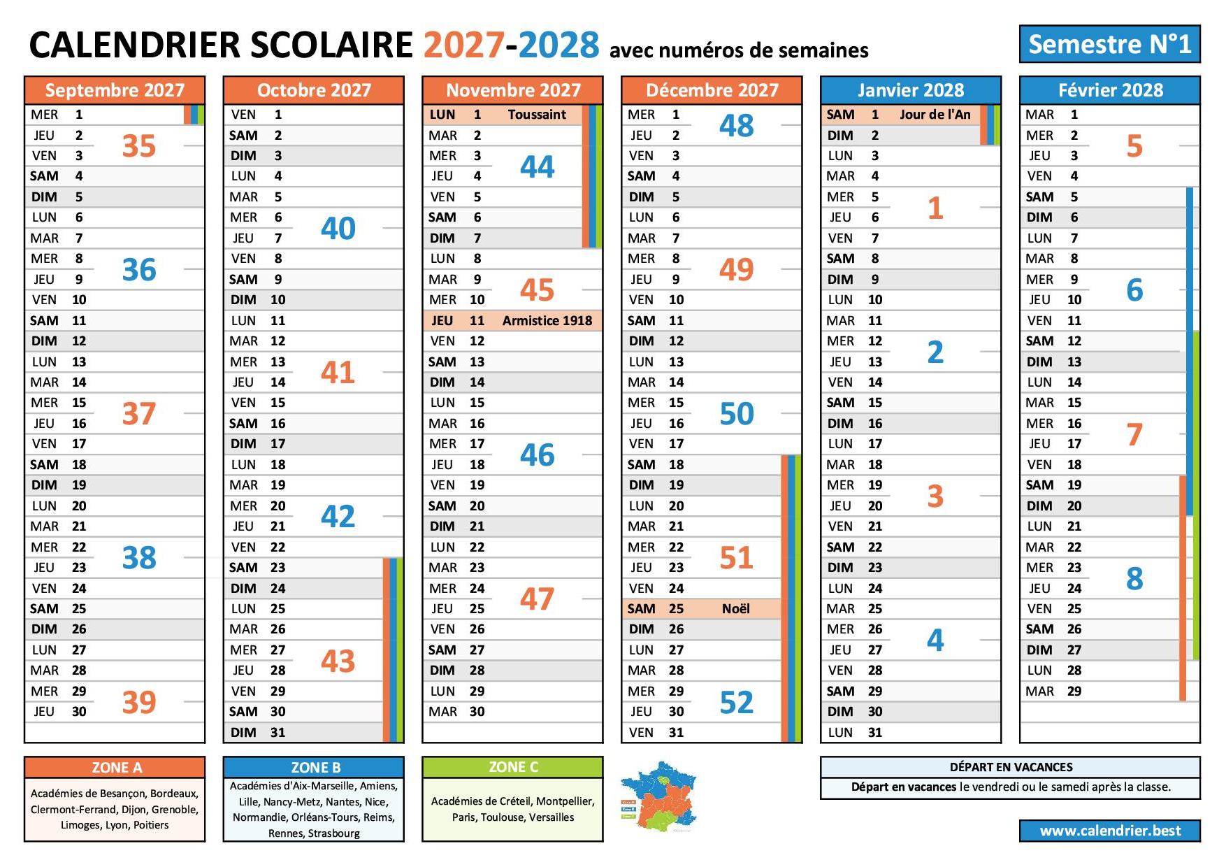 Calendrier scolaire 2027-2028 pour le 1er semestre avec les numéros des semaines paires et impaires, les vacances scolaires et les jours fériés à imprimer