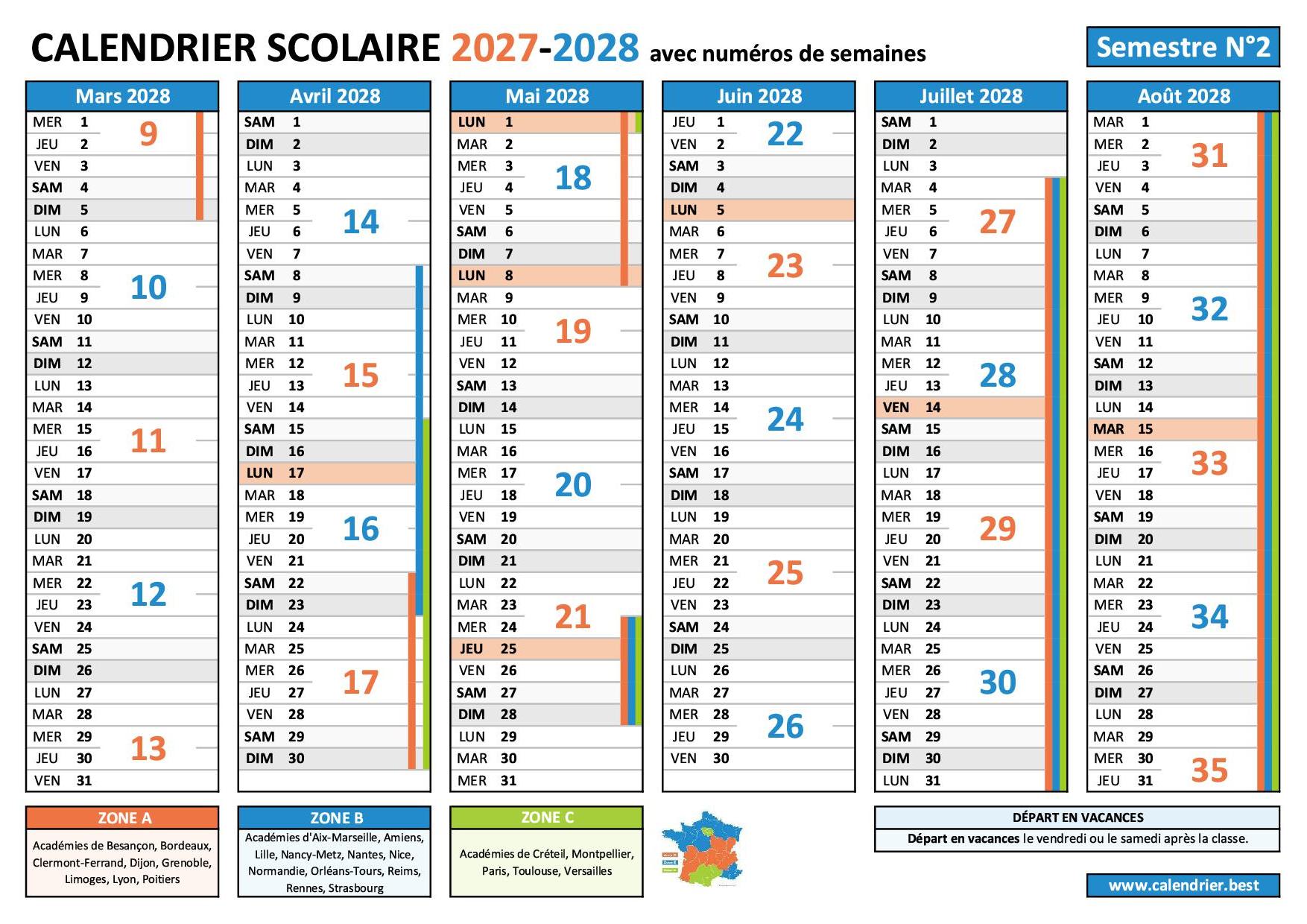 Calendrier scolaire 2027-2028 pour le 2nd semestre avec les numéros des semaines paires et impaires, les vacances scolaires et les jours fériés à imprimer