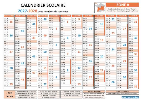 Calendrier scolaire 2027-2028 pour la zone A avec numéro de semaine, vacances et jours fériés à télécharger et imprimer