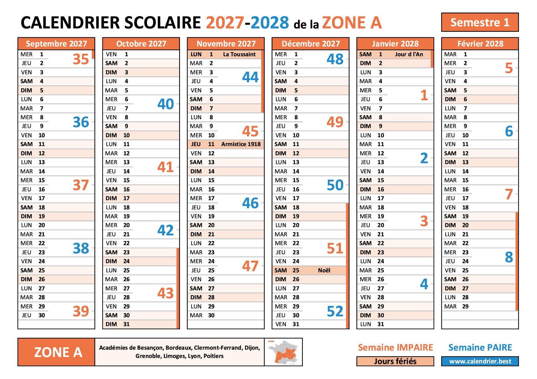 Calendrier scolaire 2027-2028 - semestre 1 - Zone A avec les numéros des semaines paires et impaires, les vacances scolaires et les jours fériés à imprimer