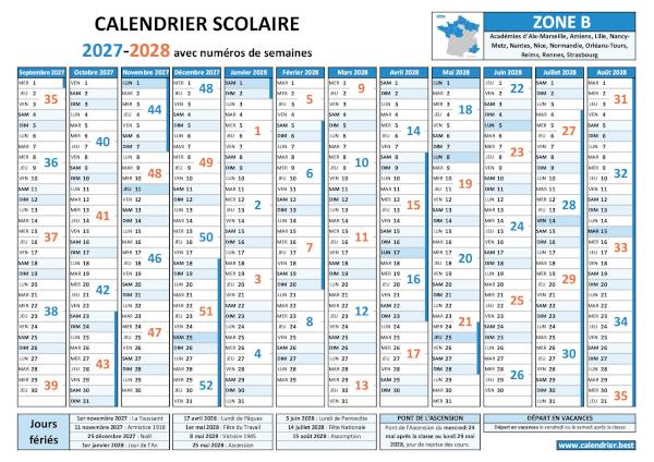 Calendrier scolaire 2027-2028 pour la zone B avec numéro de semaine, vacances et jours fériés à télécharger et imprimer