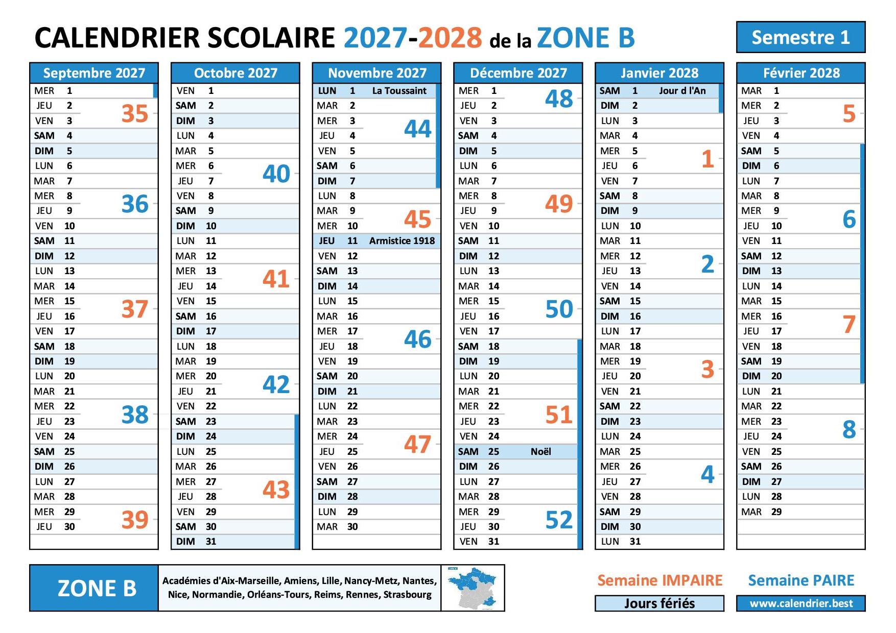 Calendrier scolaire 2027-2028 - semestre 1 - Zone B avec les numéros des semaines paires et impaires, les vacances scolaires et les jours fériés à imprimer