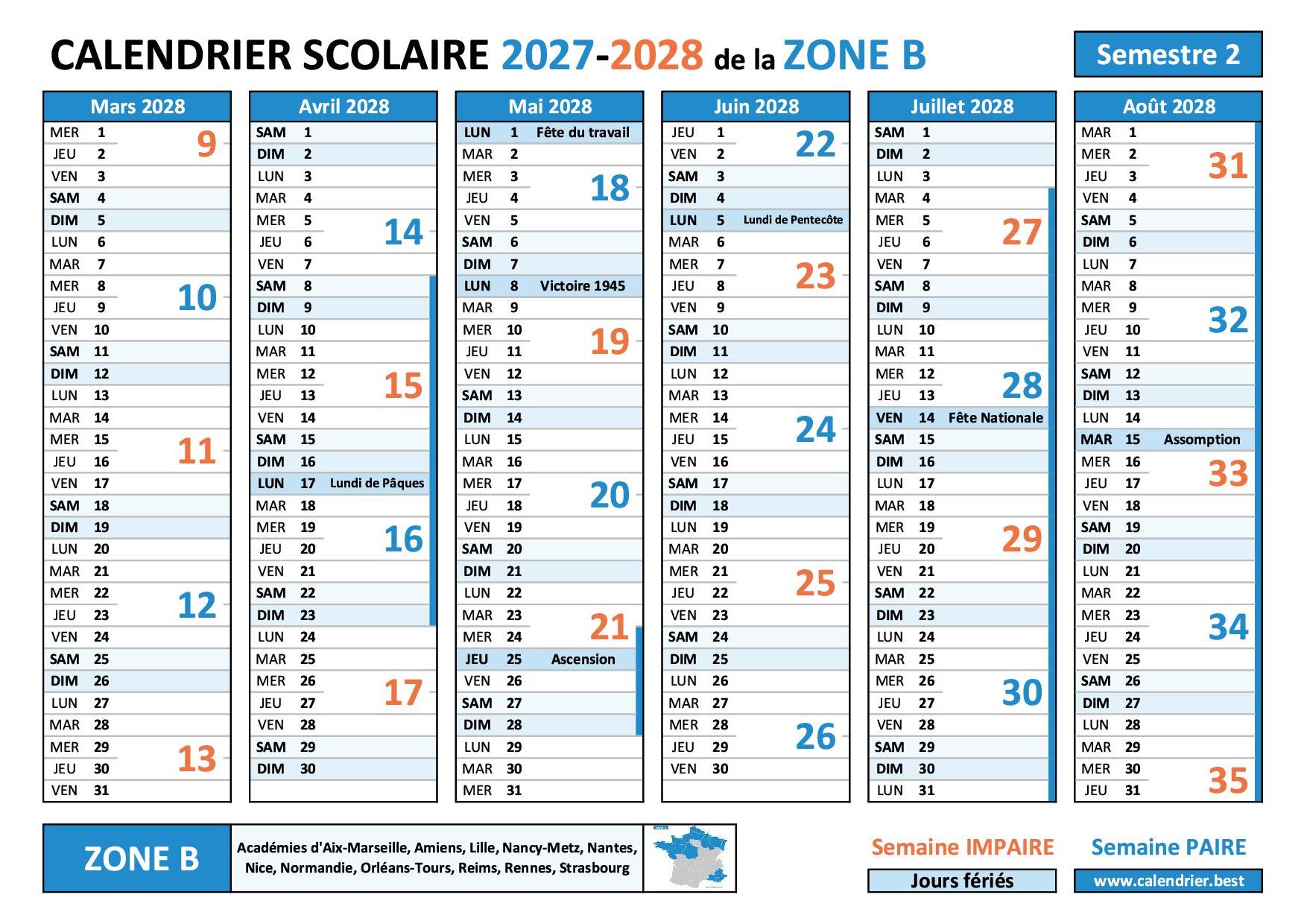 Calendrier scolaire 2027-2028 - semestre 2 - Zone B avec les numéros des semaines paires et impaires, les vacances scolaires et les jours fériés à imprimer