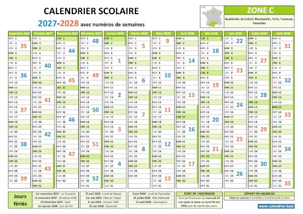 Calendrier scolaire 2027-2028 pour la zone C avec numéro de semaine, vacances et jours fériés à télécharger et imprimer