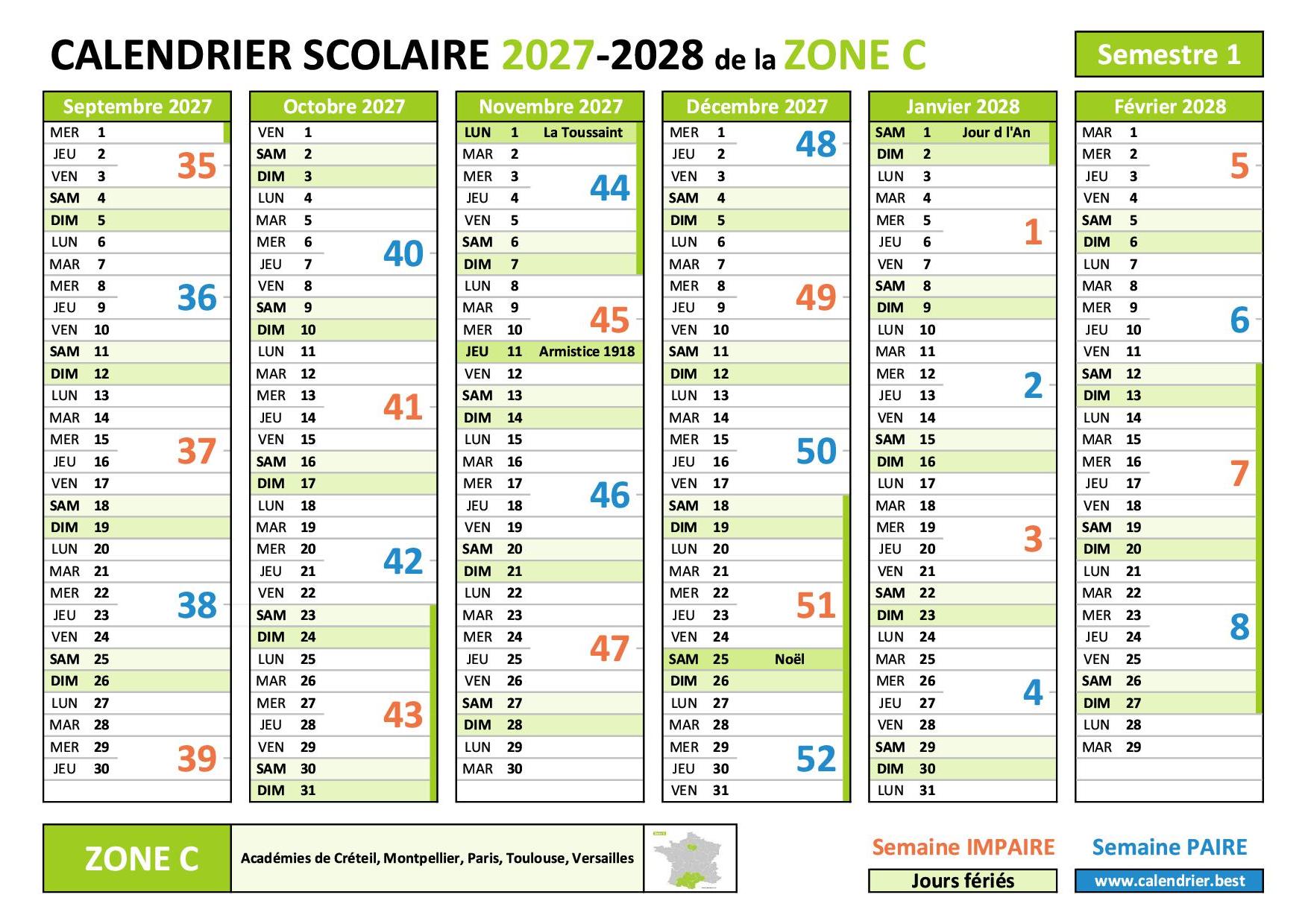 Calendrier scolaire 2027-2028 - semestre 1 - zone C avec les numéros des semaines paires et impaires, les vacances scolaires et les jours fériés à imprimer