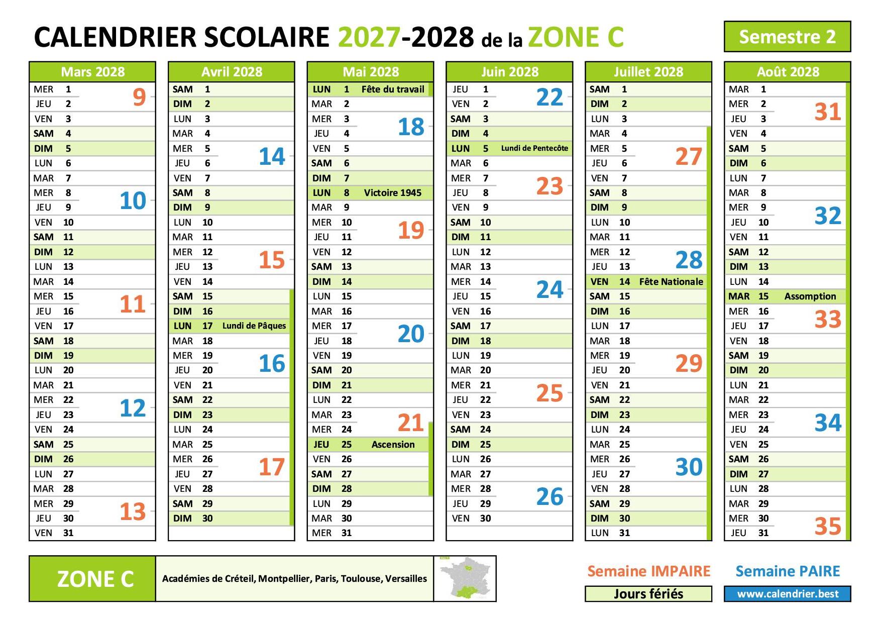 Calendrier scolaire 2027-2028 - semestre 2 - zone C avec les numéros des semaines paires et impaires, les vacances scolaires et les jours fériés à imprimer