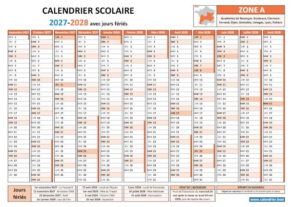 Calendrier scolaire 2027-2028 avec les vacances scolaires et les jours fériés pour la zone A à télécharger et imprimer