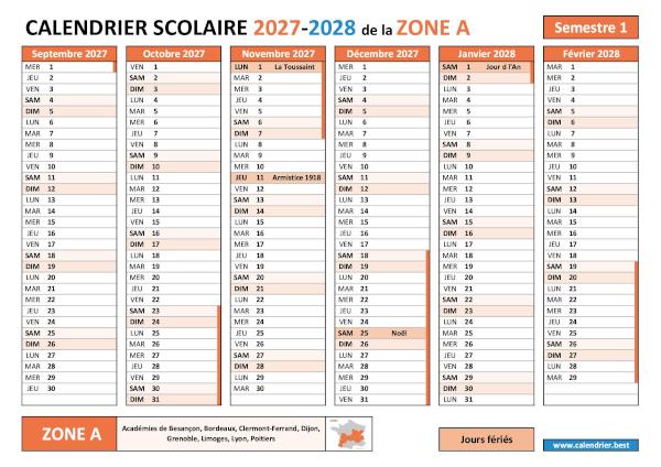 Calendrier scolaire 2027-2028 semestre 1 avec les vacances scolaires et les jours fériés pour la zone A à télécharger et imprimer