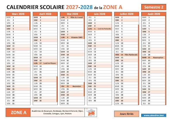 Calendrier scolaire 2027-2028 semestre 2 avec les vacances scolaires et les jours fériés pour la zone A à télécharger et imprimer