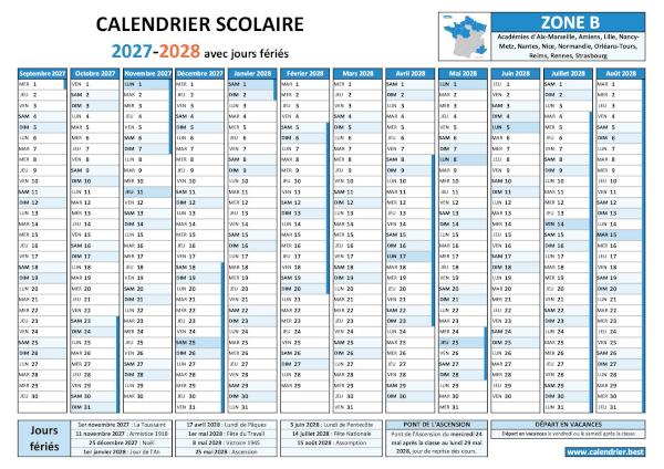 Calendrier scolaire 2027-2028 avec les vacances scolaires et les jours fériés pour la zone B à télécharger et imprimer