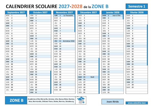 Calendrier scolaire 2027-2028 semestre 1 avec les vacances scolaires et les jours fériés pour la zone B à télécharger et imprimer