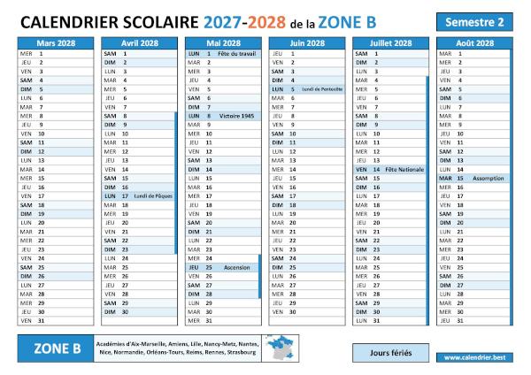 Calendrier scolaire 2027-2028 semestre 2 avec les vacances scolaires et les jours fériés pour la zone B à télécharger et imprimer