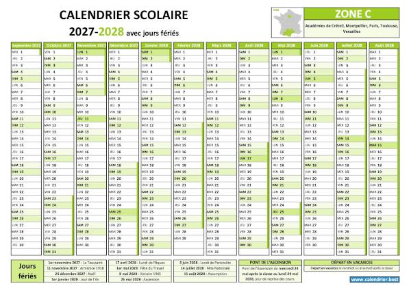 Calendrier scolaire 2027-2028 avec les vacances scolaires et les jours fériés pour la zone C à télécharger et imprimer