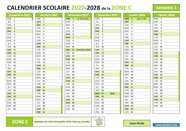 Calendrier scolaire 2027-2028 semestre 1 avec les vacances scolaires et les jours fériés pour la zone C à télécharger et imprimer