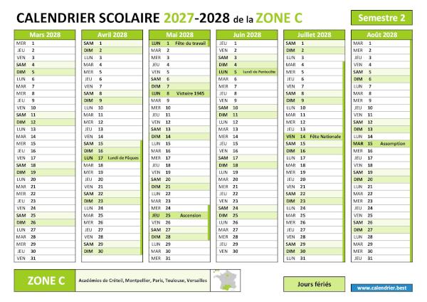 Calendrier scolaire 2027-2028 semestre 2 avec les vacances scolaires et les jours fériés pour la zone C à télécharger et imprimer