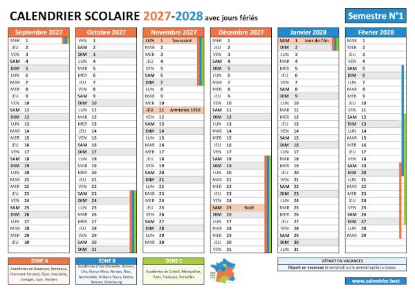Calendrier scolaire 2027-2028 pour le 1er semestre avec les vacances scolaires et les jours fériés pour les zones A, B et C à télécharger et imprimer