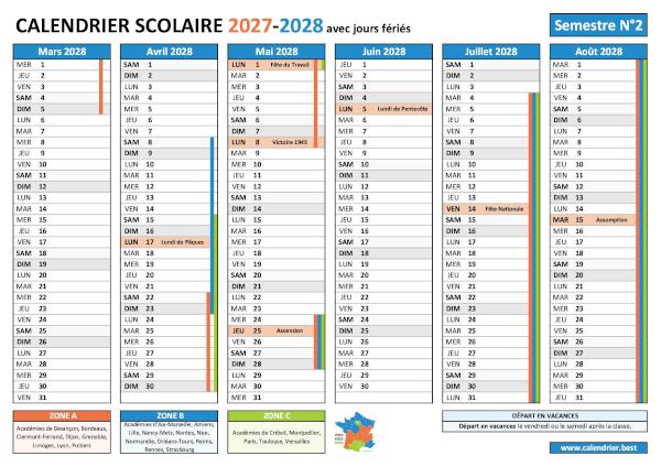 Calendrier scolaire 2027-2028 pour le 2nd semestre avec les vacances scolaires et les jours fériés pour les zones A, B et C à télécharger et imprimer