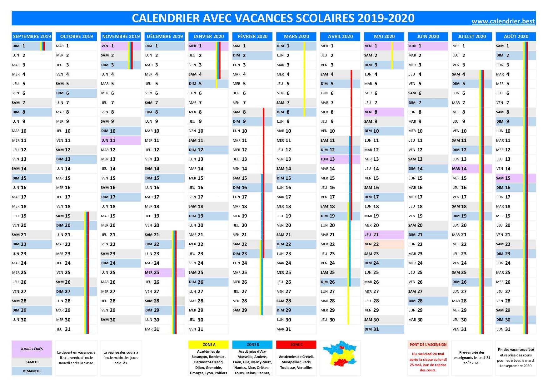 Le Calendrier Scolaire 2019 2020 Avec Les Dates Des Vacances Scolaires
