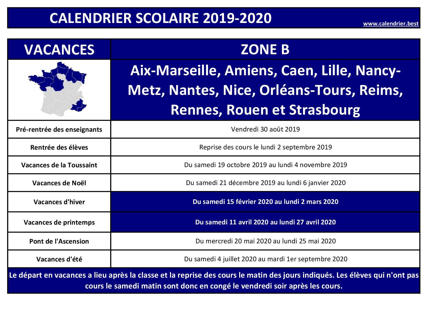 Vacances scolaires zone B : calendrier 2019-2020 et 2020-2021